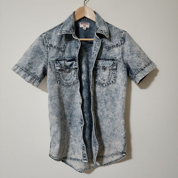 True Religion Mens Western Woven Shirt Short Sleeve Acid Wash Blue Denim Size S - Picture 3 of 12